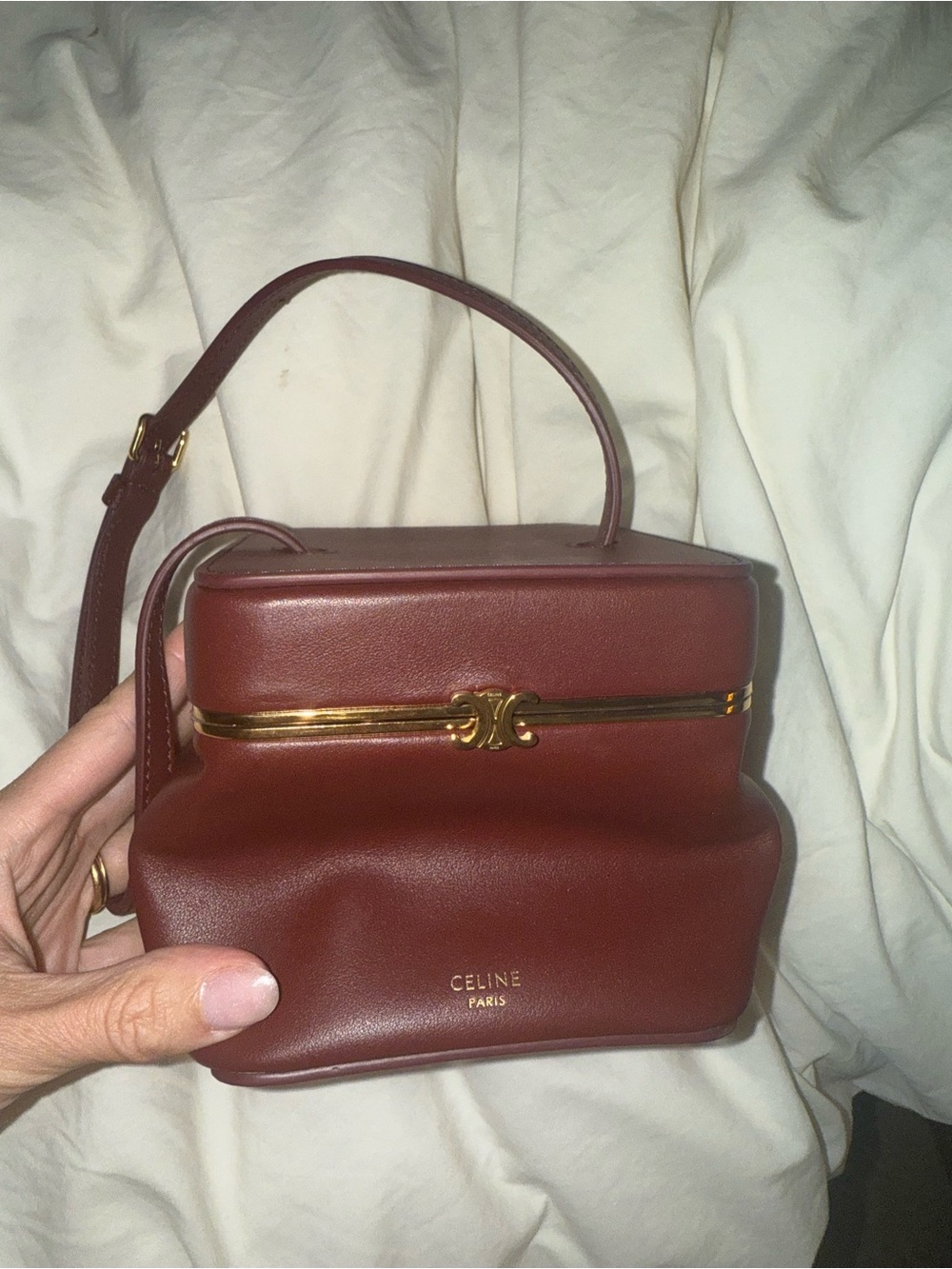Celine Wine Red Leather Mini Vanity Bag with Gold Hardware